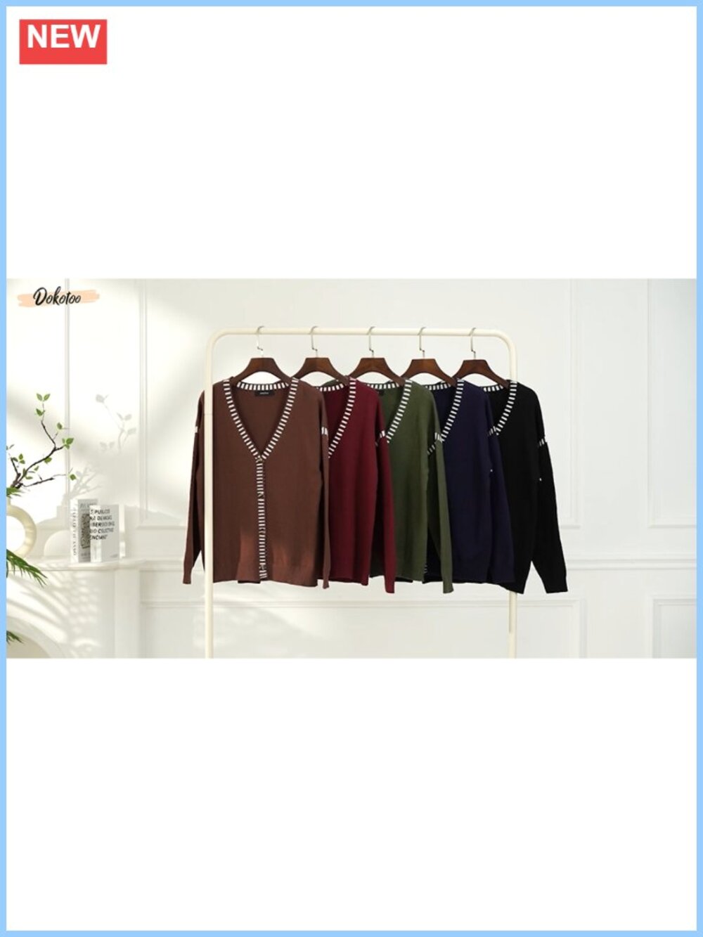 Oversized V-Neck Button Front Cardigan Sweater with Stripe Trim - Picture 5 of 6